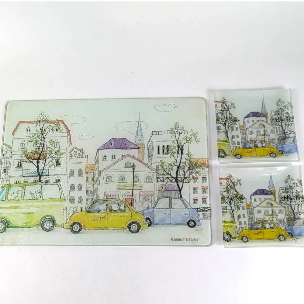 Rabbit Story Glass Tray and Coasters Vanity Cutting Board Unique Functional Art